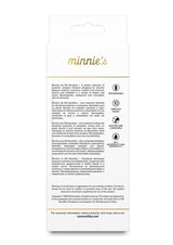 Packaging information for Minnie's Spark Rechargeable Silicone Flexible Bullet Purple, featuring details and warranty information.