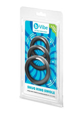 B-Vibe Snug Ring Thick Silicone Cock Ring 3 Pack Black packaging display with three black silicone rings