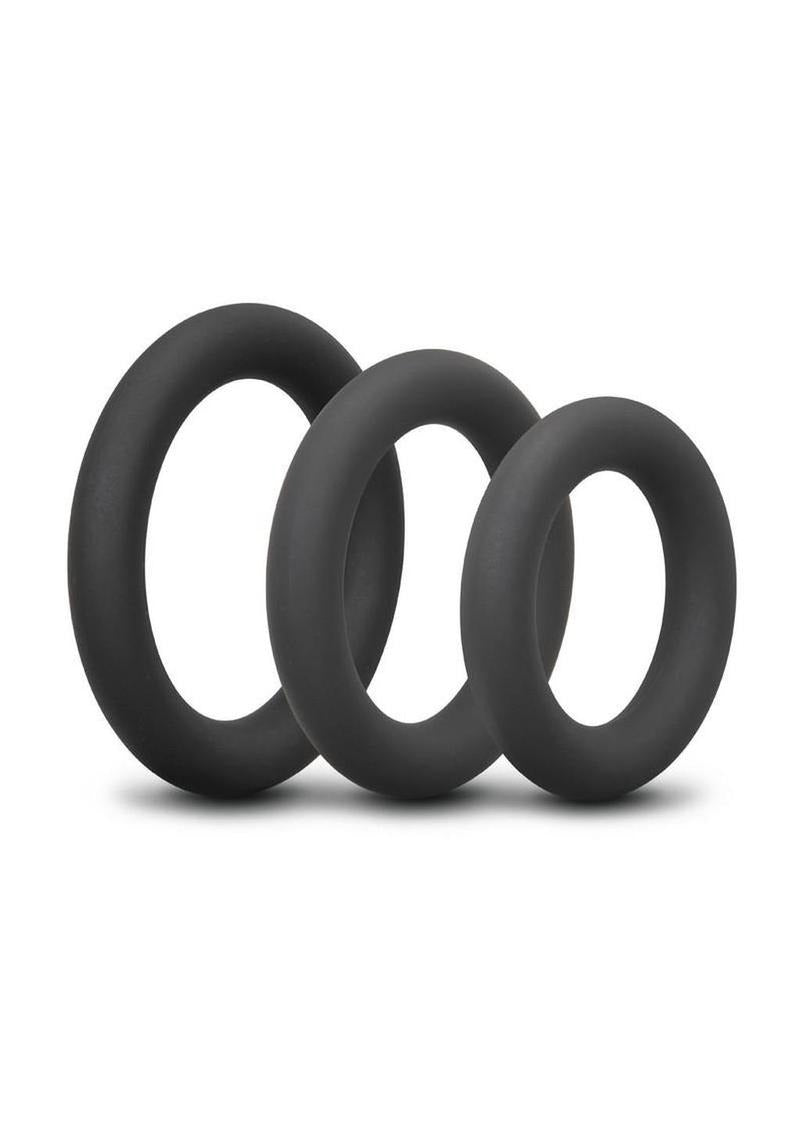B-Vibe Snug Ring Thick Silicone Cock Ring 3 Pack Black featuring three durable silicone rings in various sizes.