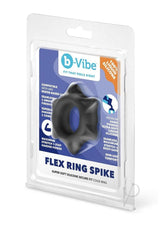 B-Vibe Flex Ring Spike Silicone Cock Ring Black in retail packaging, showcasing its unique shape and durability.
