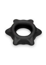 B-Vibe Flex Ring Spike Silicone Cock Ring Black on a white background, showcasing its unique design and durability.