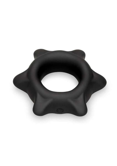 B-Vibe Flex Ring Spike Silicone Cock Ring Black on a white background, showcasing its unique design and durability.