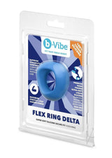 B-Vibe Flex Ring Delta Silicone Cock Ring Blue packaging showcasing sleek design and product details.