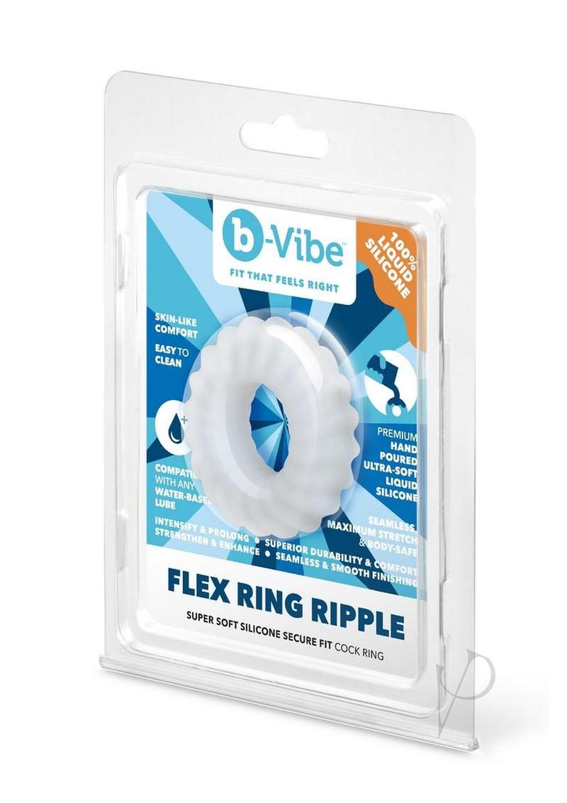 B-Vibe Flex Ring Ripple Silicone Cock Ring White packaging with description and features highlighted.
