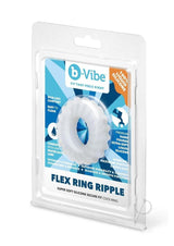 B-Vibe Flex Ring Ripple Silicone Cock Ring White packaging with description and features highlighted.