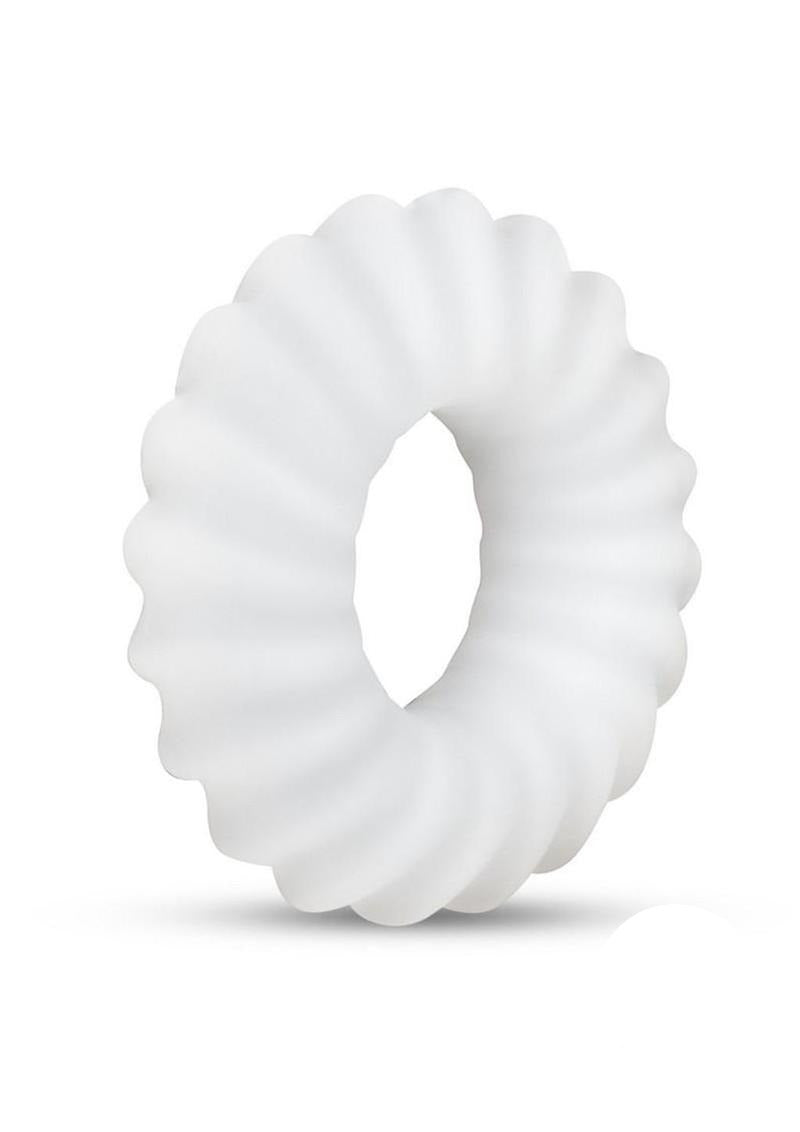 B-Vibe Flex Ring Ripple Silicone Cock Ring White displayed against a plain background, showcasing its textured design.