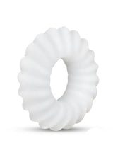 B-Vibe Flex Ring Ripple Silicone Cock Ring White displayed against a plain background, showcasing its textured design.