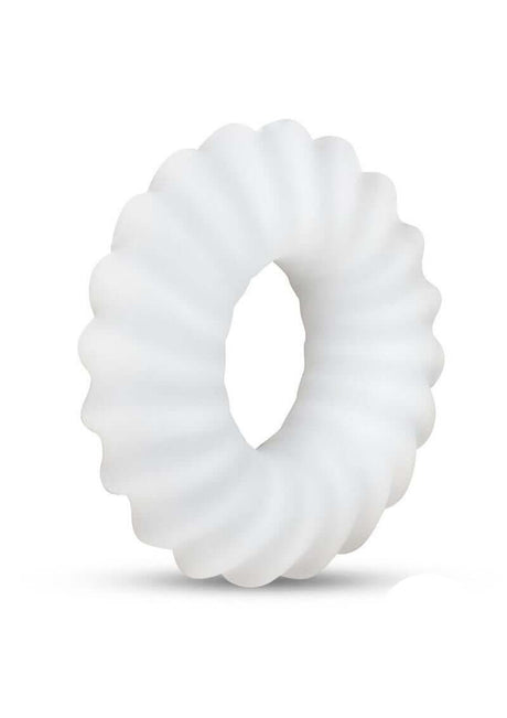 B-Vibe Flex Ring Ripple Silicone Cock Ring White displayed against a plain background, showcasing its textured design.