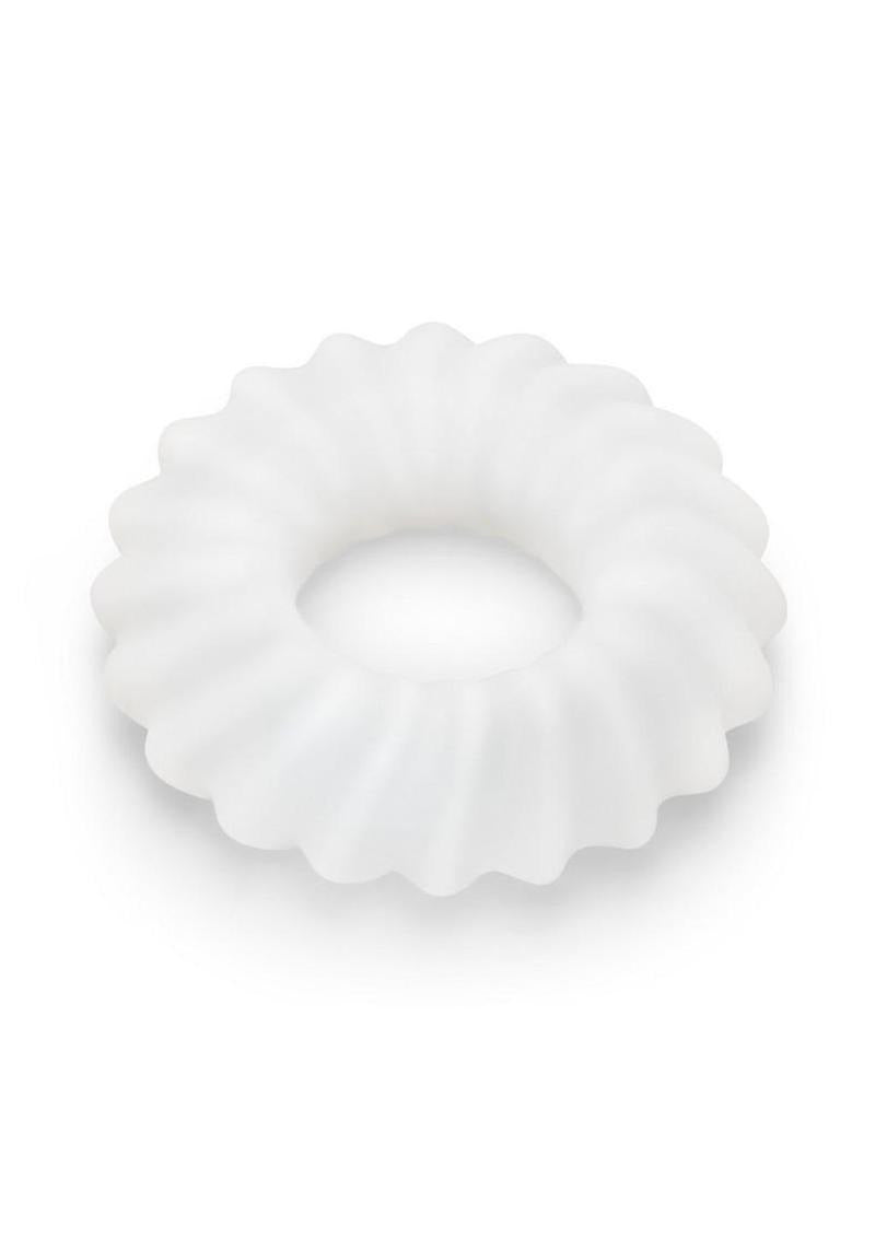 B-Vibe Flex Ring Ripple Silicone Cock Ring White showcasing its smooth, durable design for enhanced comfort.