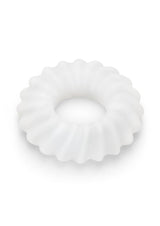B-Vibe Flex Ring Ripple Silicone Cock Ring White showcasing its smooth, durable design for enhanced comfort.