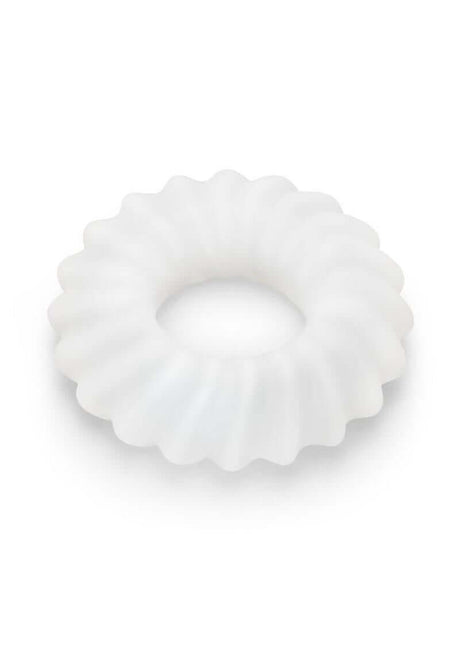 B-Vibe Flex Ring Ripple Silicone Cock Ring White showcasing its smooth, durable design for enhanced comfort.
