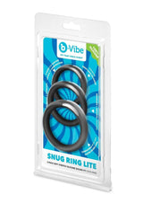 B-Vibe Snug Ring Lite Silicone Cock Ring 3 Pack Black packaging featuring three soft silicone rings.