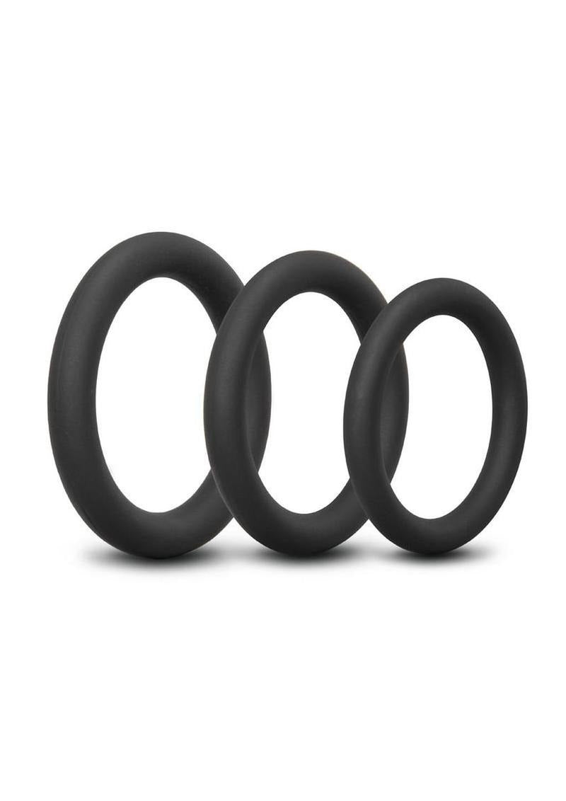 B-Vibe Snug Ring Lite Silicone Cock Ring 3 Pack Black showcasing three durable and comfortable black silicone rings.