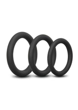 B-Vibe Snug Ring Lite Silicone Cock Ring 3 Pack Black showcasing three durable and comfortable black silicone rings.