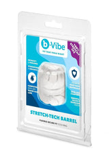 B-Vibe Stretch Tech Barrel Ultra Stretchy Cock Ring Clear packaging showcasing its features and benefits.