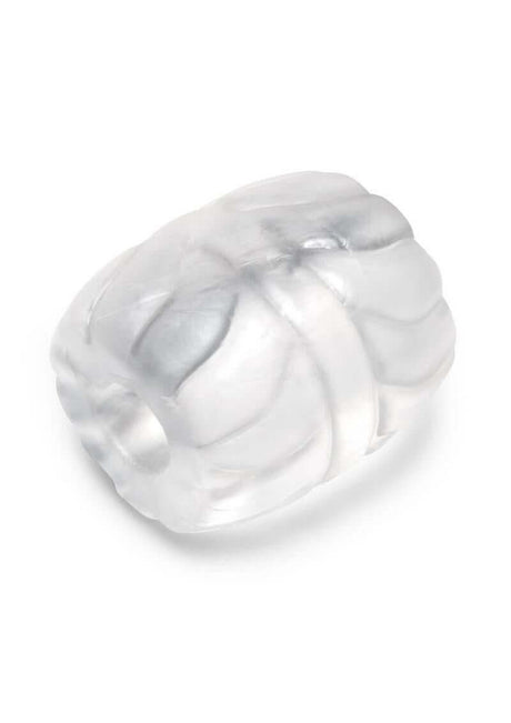 B-Vibe Stretch Tech Barrel Ultra Stretchy Cock Ring Clear showcasing its smooth and seamless design, perfect for comfort and durability.