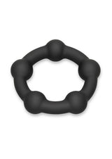 B-Vibe Snug Ring Orbit Nubby Silicone Cock Ring Black viewed from above, showcasing its unique design and texture.