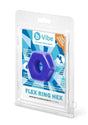 B-Vibe Flex Ring Hex Silicone Cock Ring Blue in packaging showcasing its skin-like comfort and durability.