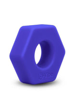 B-Vibe Flex Ring Hex Silicone Cock Ring Blue in a hexagonal design made of smooth silicone.