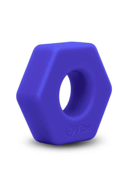 B-Vibe Flex Ring Hex Silicone Cock Ring Blue in a hexagonal design made of smooth silicone.