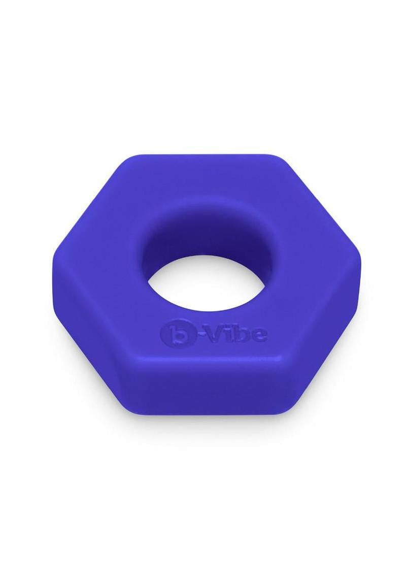 B-Vibe Flex Ring Hex Silicone Cock Ring Blue on a white background, featuring a seamless hexagonal design.
