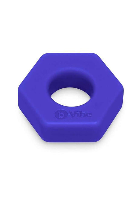 B-Vibe Flex Ring Hex Silicone Cock Ring Blue on a white background, featuring a seamless hexagonal design.