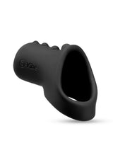 B-Vibe Flex Ring Shaft Silicone Cock Ring & Ball Stretcher Black showing smooth silicone design and flexible structure.