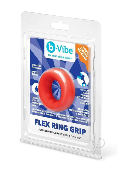 B-Vibe Flex Ring Grip Silicone Cock Ring Red packaging showcases skin-like comfort and durability.