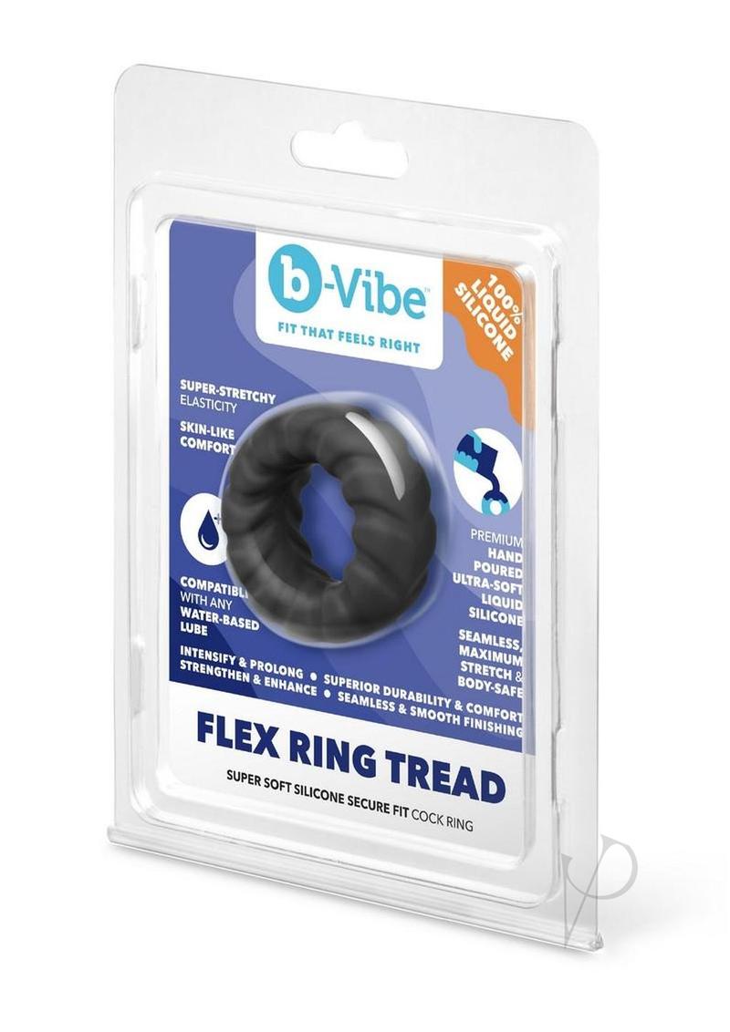 B-Vibe Flex Ring Tread Silicone Cock Ring Black packaging featuring super soft silicone, seamless design, and durable construction.