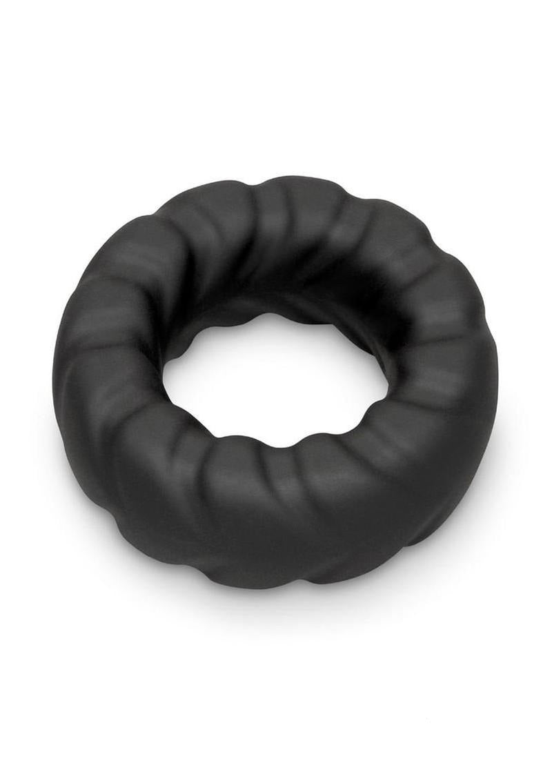 B-Vibe Flex Ring Tread Silicone Cock Ring Black on a white background showcasing its textured design.