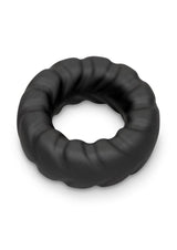 B-Vibe Flex Ring Tread Silicone Cock Ring Black on a white background showcasing its textured design.