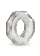 B-Vibe Stretch Tech Bolt Ultra Stretchy Cock Ring Clear displayed against a white background.
