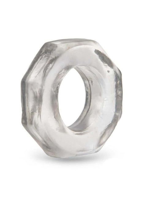 B-Vibe Stretch Tech Bolt Ultra Stretchy Cock Ring Clear displayed against a white background.