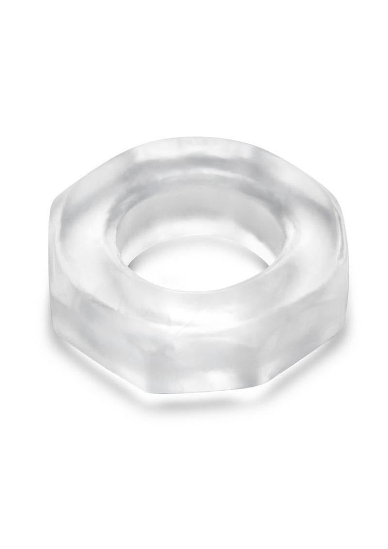 B-Vibe Stretch Tech Bolt Ultra Stretchy Cock Ring Clear showcasing its smooth, seamless design for comfort and durability.