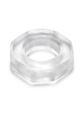 B-Vibe Stretch Tech Bolt Ultra Stretchy Cock Ring Clear showcasing its smooth, seamless design for comfort and durability.
