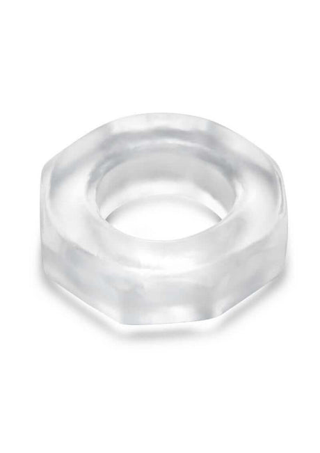 B-Vibe Stretch Tech Bolt Ultra Stretchy Cock Ring Clear showcasing its smooth, seamless design for comfort and durability.