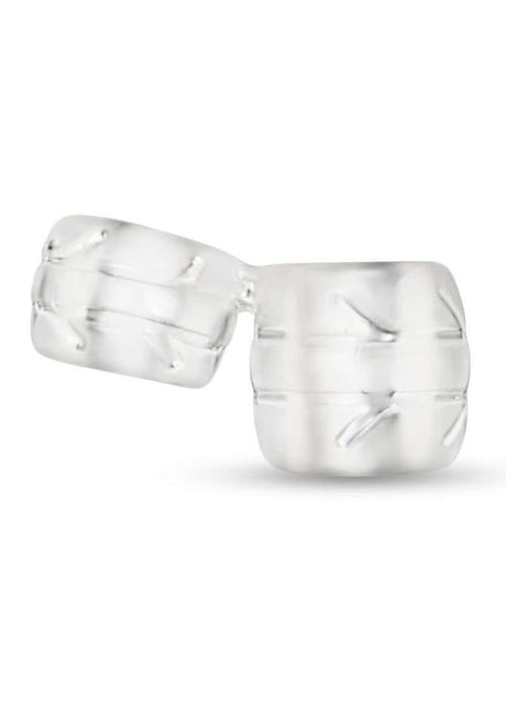 B-Vibe Stretch Tech Double Barrel Ultra Stretchy Cock Ring Clear showcasing its seamless and smooth design.