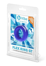 B-Vibe Flex Ring GT Silicone Cock Ring 32 mm Blue in packaging, showcasing its skin-like comfort and durability.
