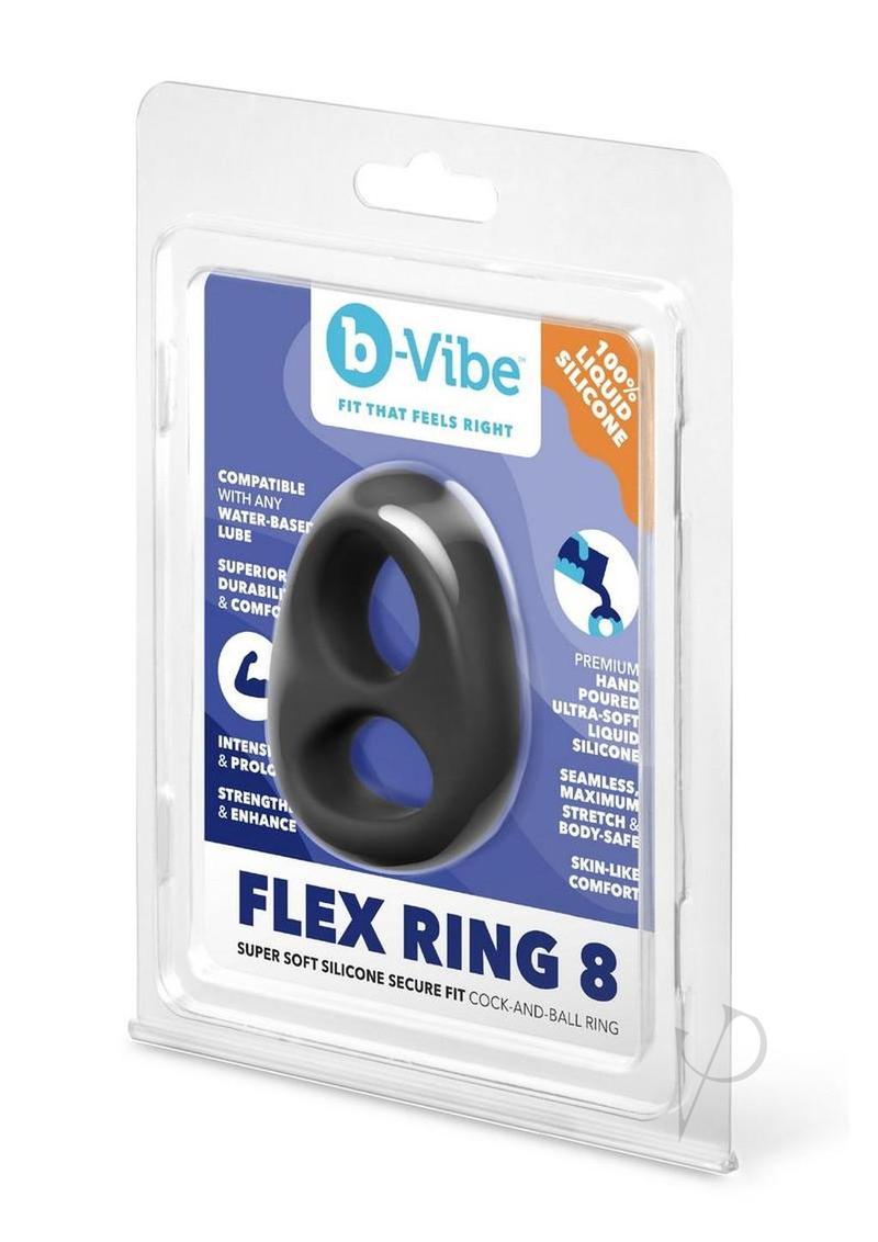 B-Vibe Flex Ring Eight Silicone Cock Ring Black packaging showcasing its durable and skin-like comfort features.
