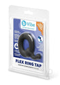 B-Vibe Flex Ring Tap Silicone Cock Ring Black in packaging with premium features listed.