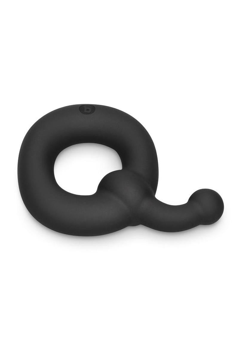 B-Vibe Flex Ring Tap Silicone Cock Ring Black on a white background showcasing its smooth design.