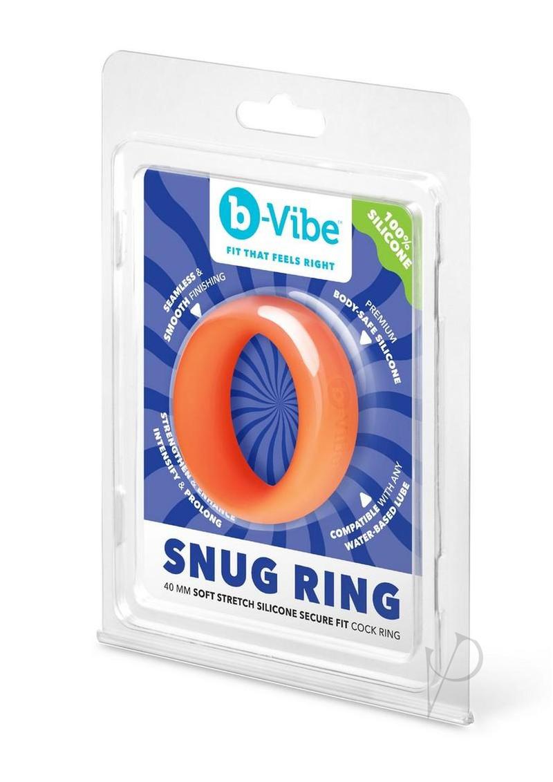 B-Vibe Snug Ring Silicone Cock Ring 40 mm Orange packaging showcasing its soft stretch silicone and secure fit.
