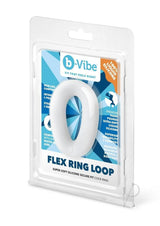 B-Vibe Flex Ring Loop Silicone Cock Ring Clear packaging featuring ultra-soft silicone and secure fit description.