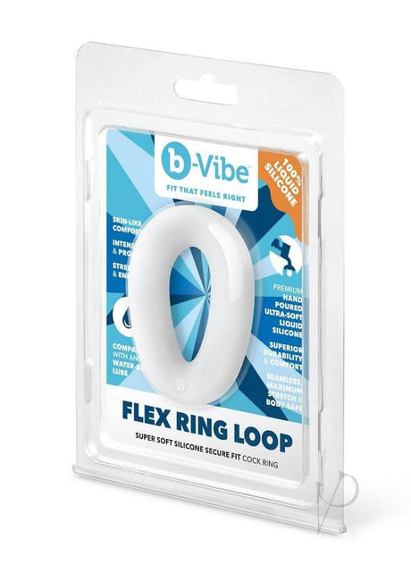 B-Vibe Flex Ring Loop Silicone Cock Ring Clear packaging featuring ultra-soft silicone and secure fit description.