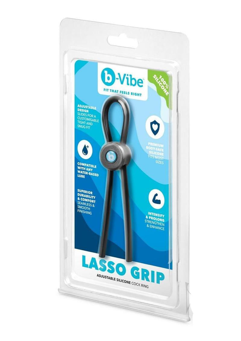 B-Vibe Lasso Grip Adjustable Silicone Cock Ring Black packaging showcasing the product's features and design.