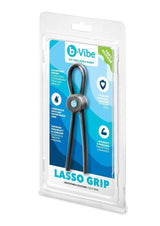 B-Vibe Lasso Grip Adjustable Silicone Cock Ring Black packaging showcasing the product's features and design.
