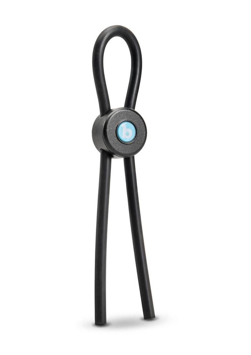 B-Vibe Lasso Grip Adjustable Silicone Cock Ring Black with seamless finish for comfort and durability.
