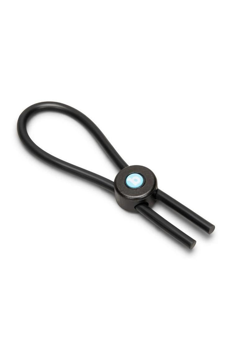 B-Vibe Lasso Grip Adjustable Silicone Cock Ring Black, showcasing its sleek design and adjustable features.