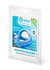 B-Vibe Snug Ring Tri-Sling Silicone Cock Ring Blue in packaging showcasing its smooth finish and comfort features.
