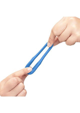 Person stretching the B-Vibe Snug Ring Tri-Sling Silicone Cock Ring Blue for demonstration.